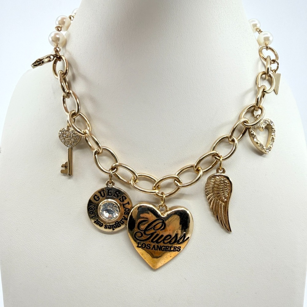 Vintage GUESS Y2K Gold Tone Faux Pearl Multi Charm Necklace